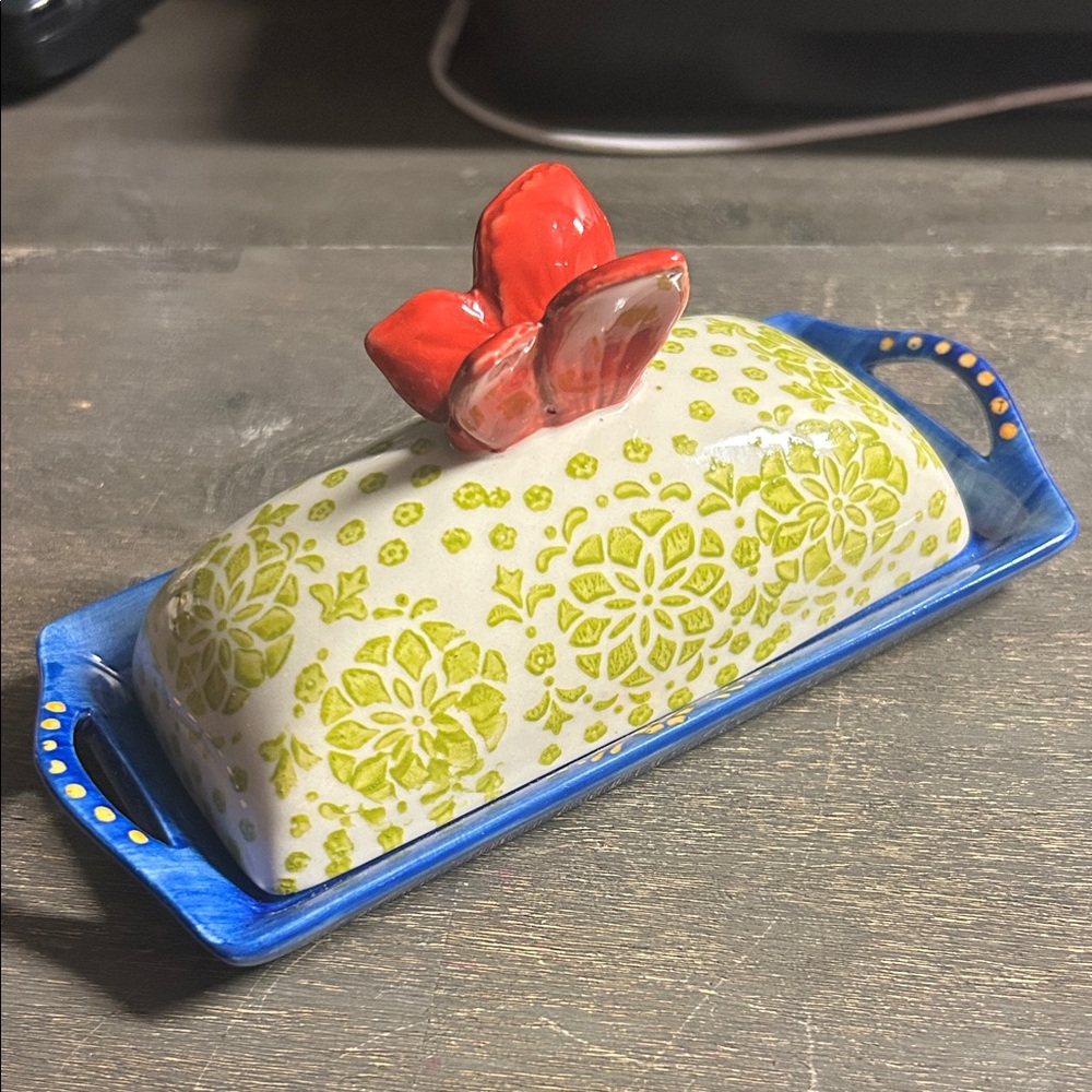 Pier 1 Imports Floral Butter Dish with Red Butterfly Accent‎